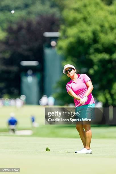 Jane Park watches her chip shot approaching the 9th green during the second round of the 2015 U.S. Women's Open at Lancaster Country Club in...