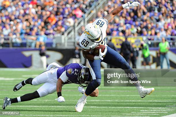 San Diego Chargers tight end Ladarius Green makes a reception against Baltimore Ravens cornerback Jimmy Smith at M&T Bank Stadium, in Baltimore, MD....