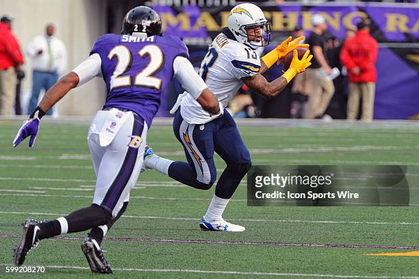 San Diego Chargers wide receiver Keenan Allen catches a pass against Baltimore Ravens cornerback Jimmy Smith at M&T Bank Stadium, in Baltimore, MD....