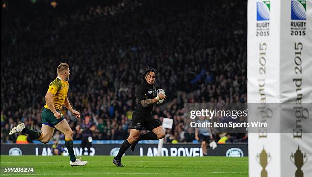 New Zealand's Ma'a Nonu scores his sides second try during the 2015 Rugby World cup Championship match where New Zealand defeated Australia 34-17 at...