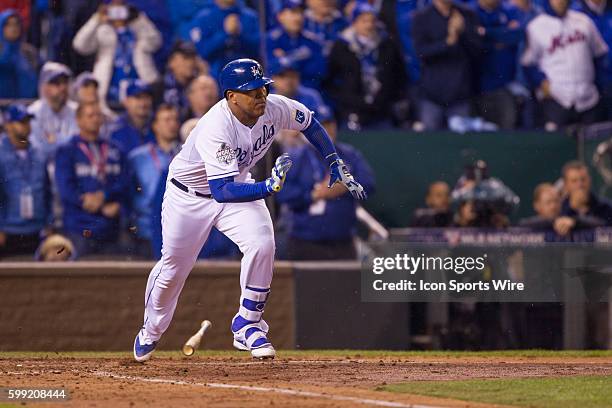 Kansas City Royals catcher Salvador Perez during the World Series game 2 between the New York Mets and the Kansas City Royals at Kauffman Stadium in...