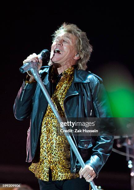 Rod Stewart performs live in Hyde Park in London.