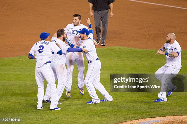 Kansas City Royals celebrate after winning the MLB American League Championship Series game 6 between the Toronto Blue Jays and the Kansas City...