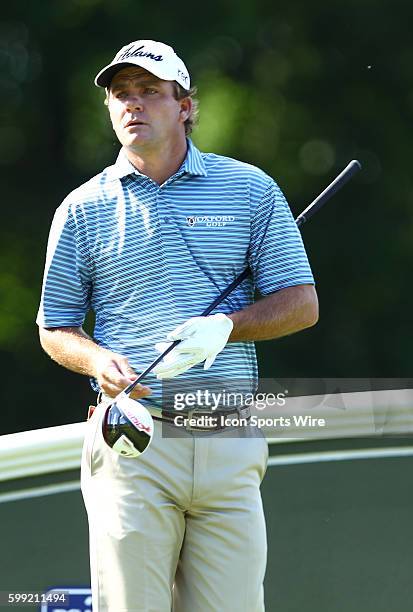 Nicholas Thompson gets ready to tee off on 18 during the first round of the Travelers Championship at TPC River Highlands in Cromwell, CT.