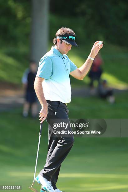 Bubba Watson after making par on 15 during the second round of the Traveler's Championship at TPC River Highlands in Cromwell, Connecticut.