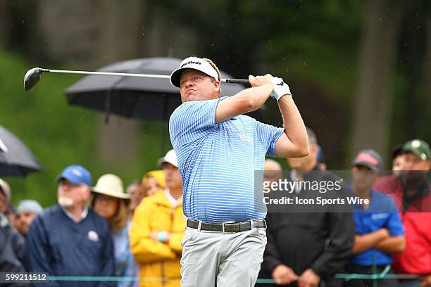 Carl Pettersson tees off at 18 during the third round of the Travelers Championship at TPC River Highlands in Cromwell, CT.