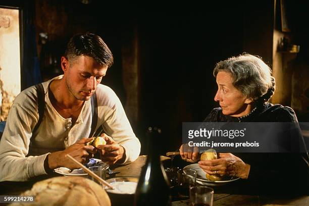 French actor Lambert Wilson and actress Suzanne Flon on the set of the film La Vouivre, directed by Georges Wilson.