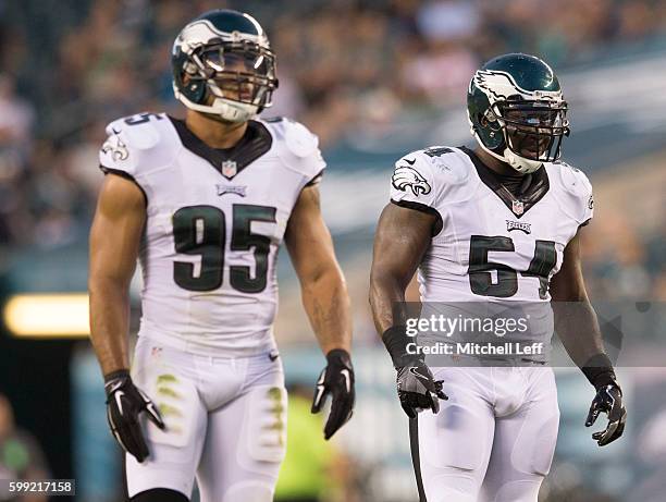 Mychal Kendricks and Stephen Tulloch of the Philadelphia Eagles play against the New York Jets at Lincoln Financial Field on September 1, 2016 in...