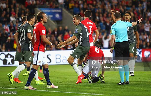 Thomas Mueller of Germany celebrates scoring the opening goal during the 2018 FIFA World Cup Qualifier Group C match between Norway and Germany at...
