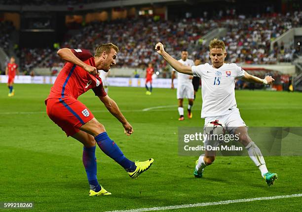 Harry Kane of England is blocked by Tomas Hubocan of Slovakia during the 2018 FIFA World Cup Group F qualifying match between Slovakia and England at...