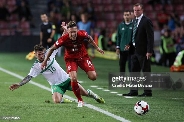 Vaclav Kadlec of Czech Republic competes for the ball with Oliver Norwood of Northern Ireland during the 2018 FIFA World Cup Group C qualifying match...