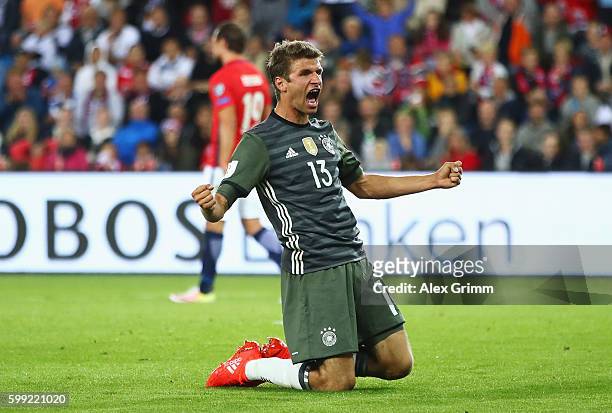 Thomas Mueller of Germany celebrates scoring his team's third goal during the 2018 FIFA World Cup Qualifier Group C match between Norway and Germany...