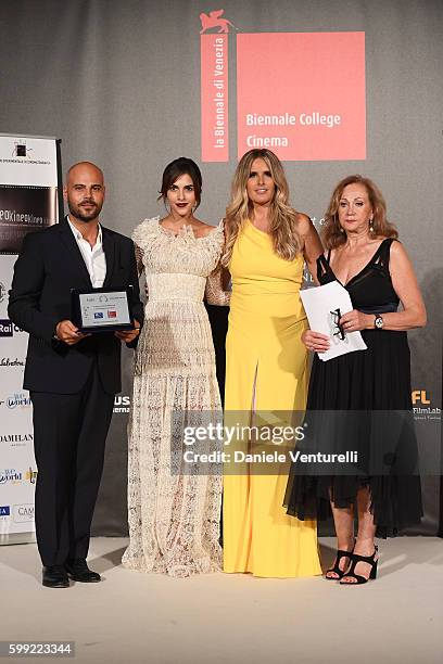 Marco D'Amore receives the 'Excellence' Award from Rocio Munoz Morales with Tiziana Rocca and Rosetta Sannelli at the Kineo Diamanti Award Ceremony...