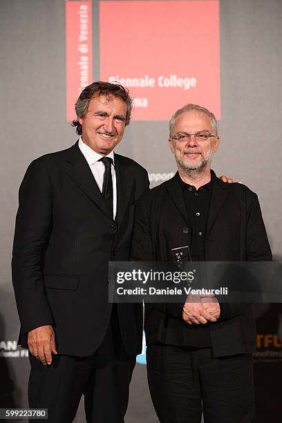 Daniele Luchetti receives the 'Best Director' Award from Luigi Brugnaro at the Kineo Diamanti Award Ceremony during the 73rd Venice Film Festival on...