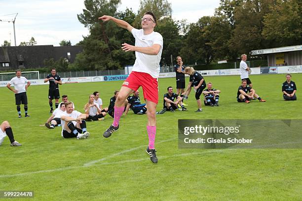 Friedrich Muecke jumps during the charity football game 'Kick for Kids' to benefit 'Die Seilschaft - zusammen sind wir stark e.V.' at the Prof. Ernst...