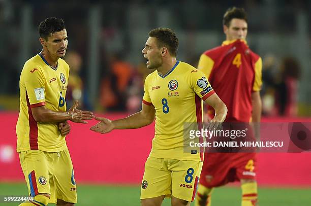 Adrian Popa of Romania celebrates after he scored 1-0 against Montenegro during the World Cup 2018 football qualification match between Romania and...