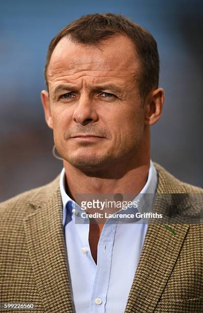 Former England Rugby player and BT Sport presenter Austin Healey looks on during the Aviva Premiership match between Wasps and Exeter Chiefs at Ricoh...