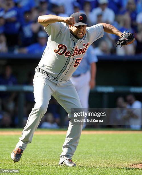 Francisco Rodriguez of the Detroit Tigers reacts after Paulo Orlando of the Kansas City Royals grounded out to end the game to give the Tigers a 6-5...