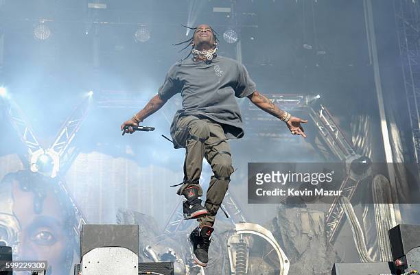 Travis Scott performs onstage during the 2016 Budweiser Made in America Festival at Benjamin Franklin Parkway on September 4, 2016 in Philadelphia,...
