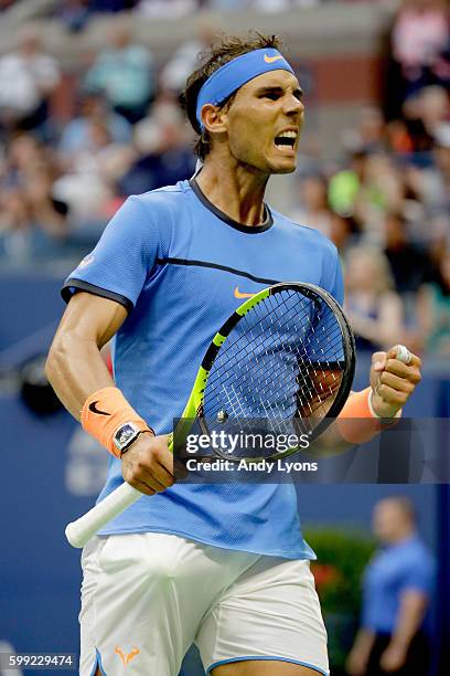 Rafael Nadal of Spain reacts against Lucas Pouille of France during his fourth round Men's Singles match on Day Seven of the 2016 US Open at the USTA...