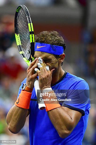 Rafael Nadal of Spain reacts against Lucas Pouille of France during his fourth round Men's Singles match on Day Seven of the 2016 US Open at the USTA...