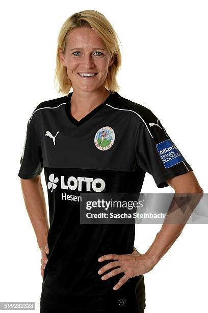 Saskia Bartusiak of 1. FFC Frankfurt poses during the Allianz Women's Bundesliga Club Tour on September 2, 2016 in Frankfurt, Germany.