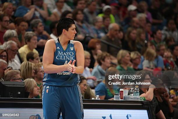 Janel McCarville of the Minnesota Lynx looks on against the Connecticut Sun during a WNBA game on September 4, 2016 at Target Center in Minneapolis,...