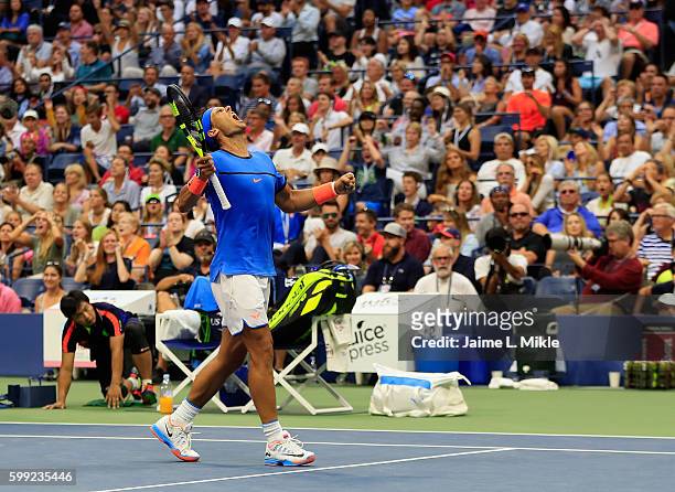 Rafael Nadal of Spain reacts against Lucas Pouille of France during his fourth round Men's Singles match on Day Seven of the 2016 US Open at the USTA...