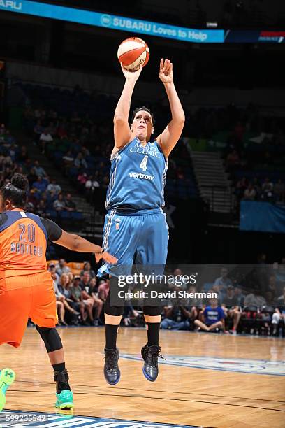 Janel McCarville of the Minnesota Lynx shoots against the Connecticut Sun during a WNBA game on September 4, 2016 at Target Center in Minneapolis,...