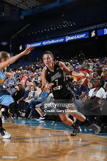 Haley Peters of the San Antonio Stars drives to the basket against the Chicago Sky on September 4, 2016 at Allstate Arena in Rosemont, IL. NOTE TO...