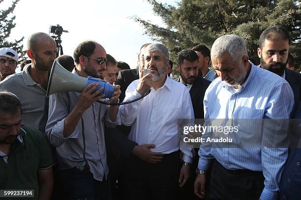 Palestinian Hamas leader Khaled Mashal gives a speech as he attends the funeral ceremony of his mother in Amman, Jordan on September 04, 2016.