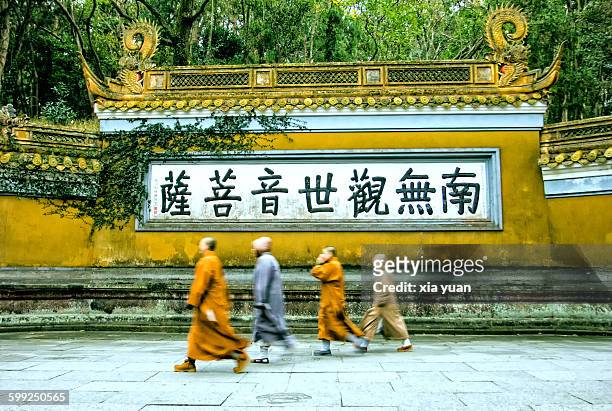 monks walking against temple,mount putuo - zhejiang province 個照片及圖片檔