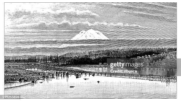 antique illustration of mont rainier, tacoma - seattle tacoma stock illustrations