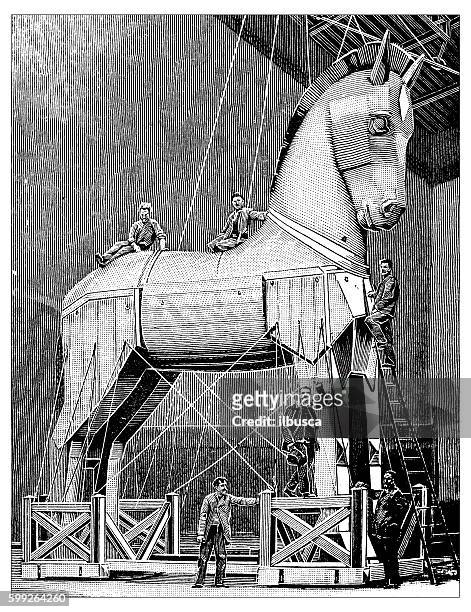 antique illustration of theatrical reproduction of trojan horse - trojan horse stock illustrations
