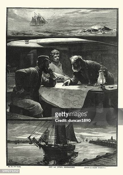 bildbanksillustrationer, clip art samt tecknat material och ikoner med victorian ships captain and navigator planning their voyage 1894 - kartograf