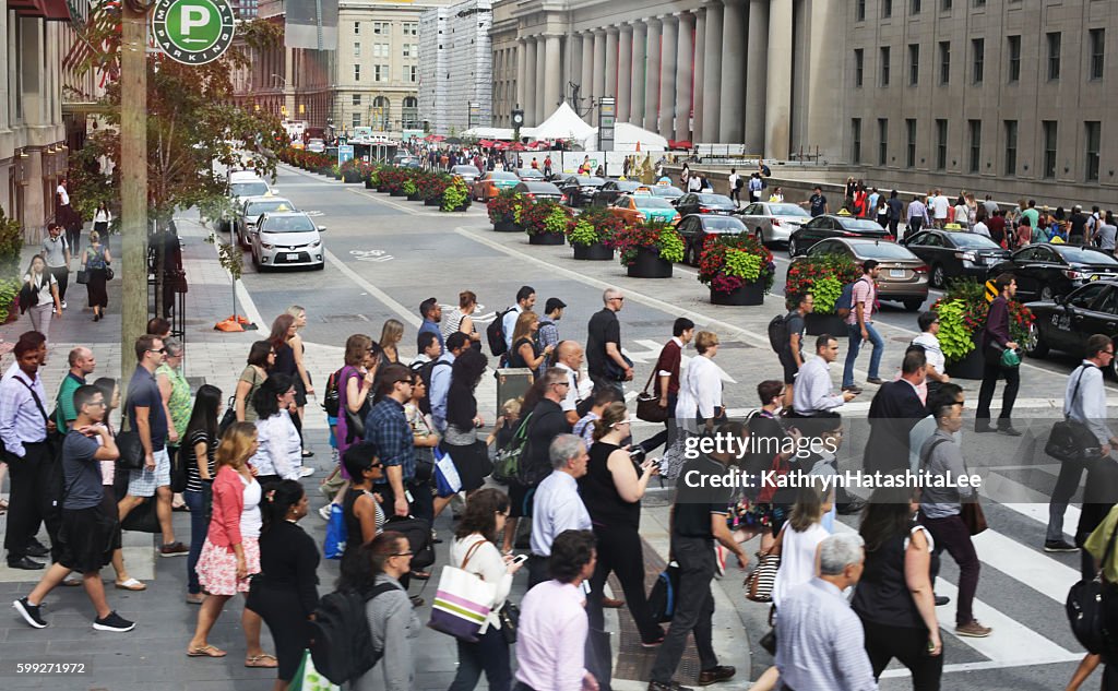 Pedestrians Cross Front Street near Toronto Union Station, Rush Hour