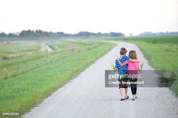 young boy and girl walking down gravel road - arm in arm stock pictures, royalty-free photos & images
