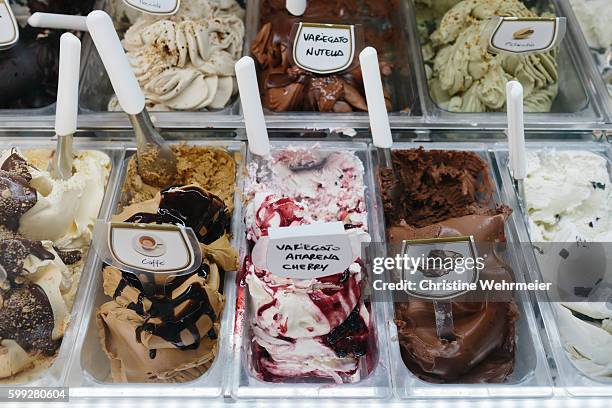 choices! a selection of gelato in a gelato shop - gelato stock pictures, royalty-free photos & images