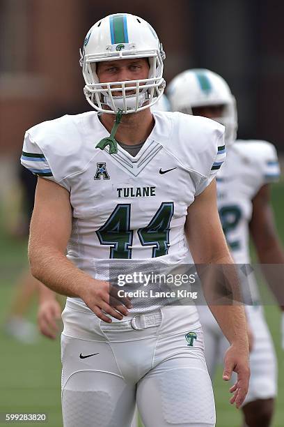 Luke Jackson of the Tulane Green Wave warms up prior to their game against the Wake Forest Demon Deacons at BB&T Field on September 1, 2016 in...