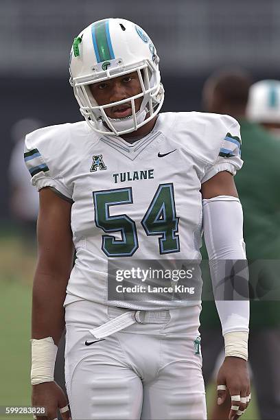 Quinlan Carroll of the Tulane Green Wave warms up prior to their game against the Wake Forest Demon Deacons at BB&T Field on September 1, 2016 in...