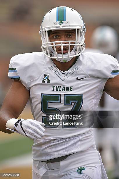 Peter Woullard of the Tulane Green Wave warms up prior to their game against the Wake Forest Demon Deacons at BB&T Field on September 1, 2016 in...