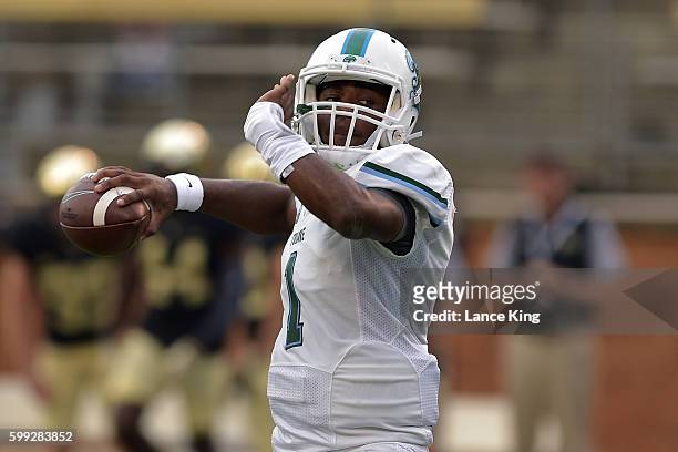 Johnathan Brantley of the Tulane Green Wave warms up prior to their game against the Wake Forest Demon Deacons at BB&T Field on September 1, 2016 in...