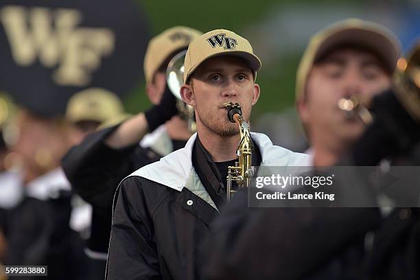 The marching band of the Wake Forest Demon Deacons performs prior to their game against the Tulane Green Wave at BB&T Field on September 1, 2016 in...
