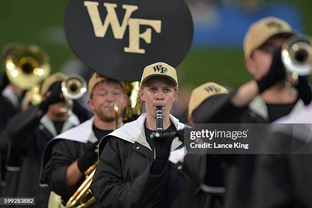 The marching band of the Wake Forest Demon Deacons performs prior to their game against the Tulane Green Wave at BB&T Field on September 1, 2016 in...