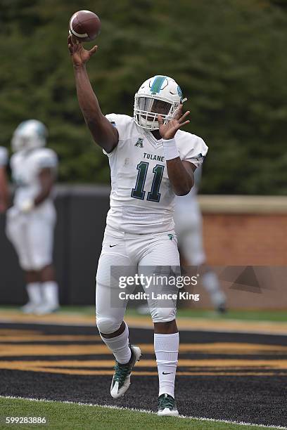 Darius Bradwell of the Tulane Green Wave warms up prior to their game against the Wake Forest Demon Deacons at BB&T Field on September 1, 2016 in...