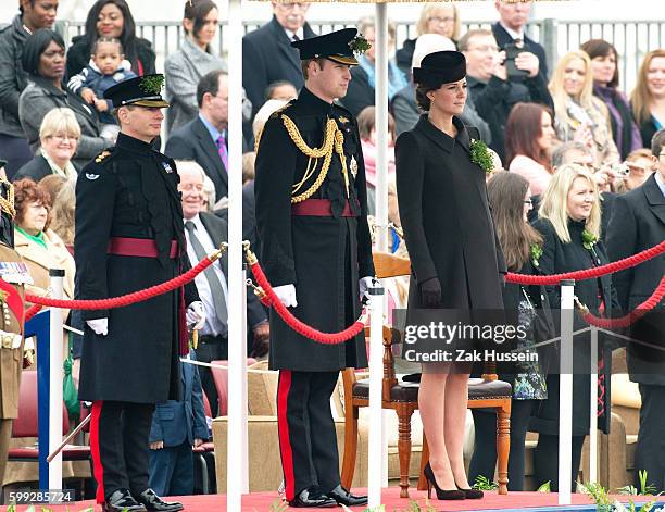 Prince William, Duke of Cambridge and Catherine, Duchess of Cambridge, wearing a bespoke Catherine Walker coat, attending the Irish Guards' St....