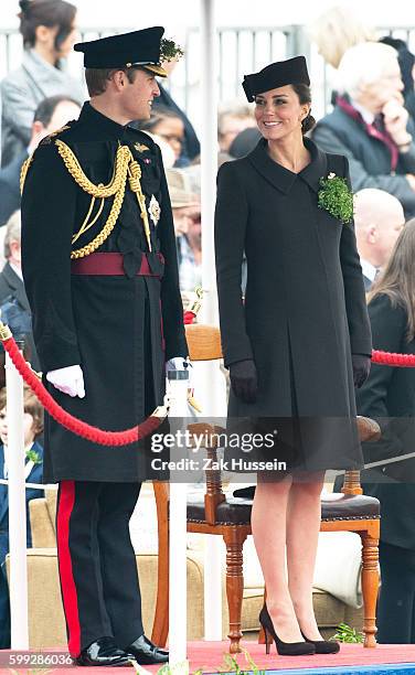 Prince William, Duke of Cambridge and Catherine, Duchess of Cambridge, wearing a bespoke Catherine Walker coat, attending the Irish Guards' St....