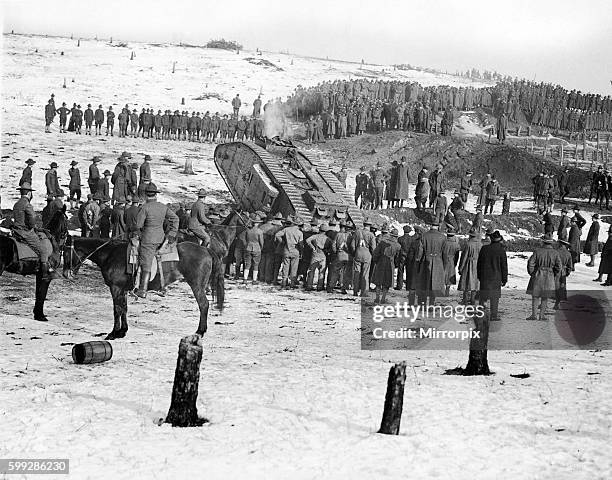 Demonstration of the tanks capabilities to US troops whilst training for the Western Front in the USA. 10th January 1918