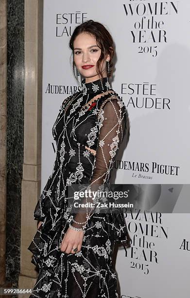 Lily James arriving at the Harper's Bazaar Women of the Year Awards at Claridges in London.