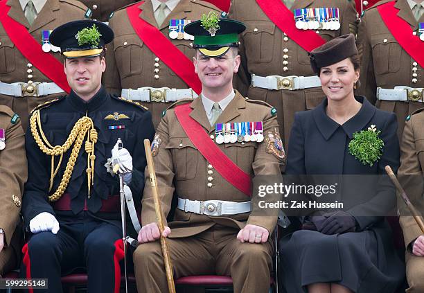 Prince WIlliam, Duke of Cambridge and Catherine, Duchess of Cambridge, wearing a bespoke Catherine Walker coat, attending the Irish Guards' St....